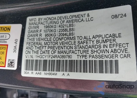 2024 Honda Accord Lx from USA, damaged, VIN 1HGCY1F24RA089780
